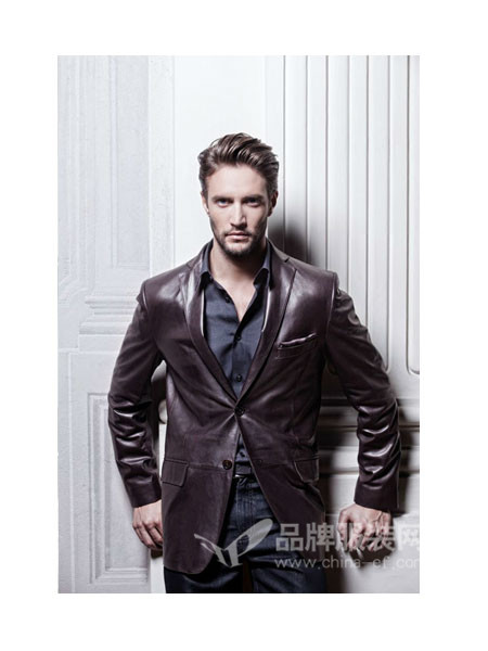 LOUIS LONG路易诗兰男装短款修身西装款亮面 正品欧美时尚休闲黑羊皮夹克