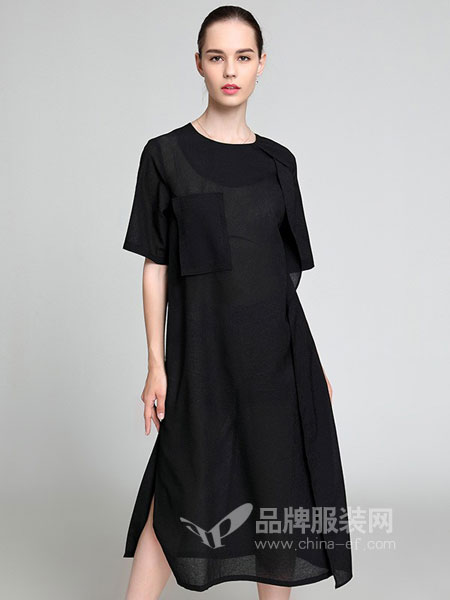 名莎misavogue女装2018春夏新款圆领雪纺连衣裙女夏简约宽松