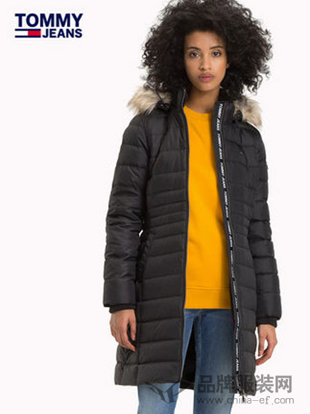 Tommy Hilfiger女装2018冬季中长款毛绒领连帽羽绒服