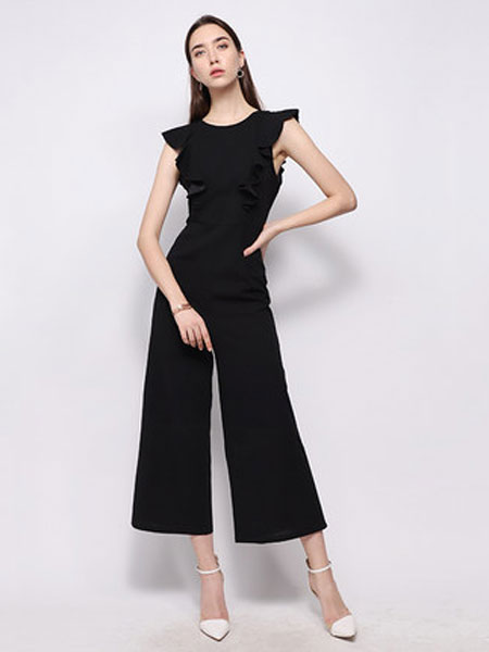 达丽坊女装品牌2019春夏新款无袖褶边复古连衣裤职业OL通勤收腰连体裤职业装