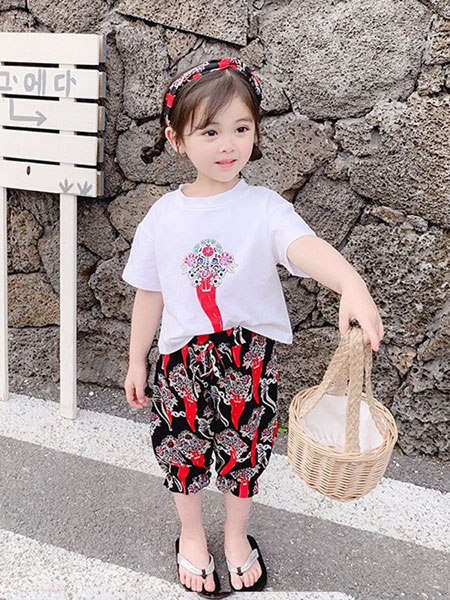 班尼豆童装品牌2019春夏新款时尚圆领上衣洋气碎花中大童两件套潮