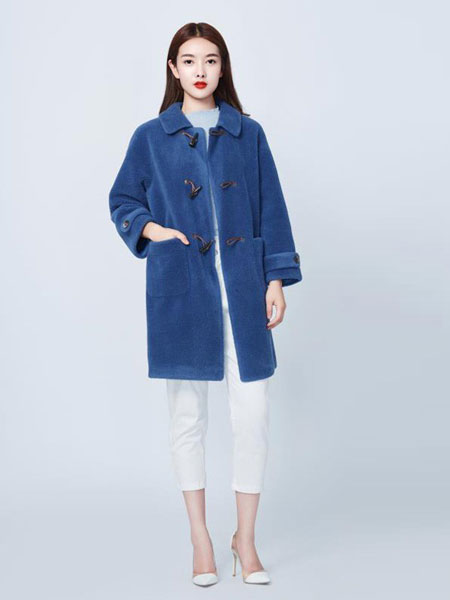 妍可唯女装品牌2019秋冬时尚潮流蓝色外套