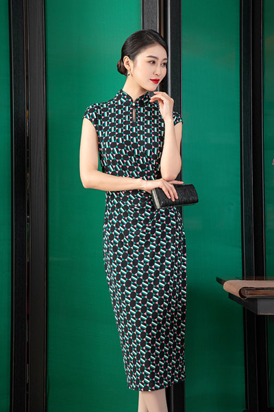凤禧女装品牌2021夏季弹力水滴领年轻中长款旗袍女改良复古法式徽因