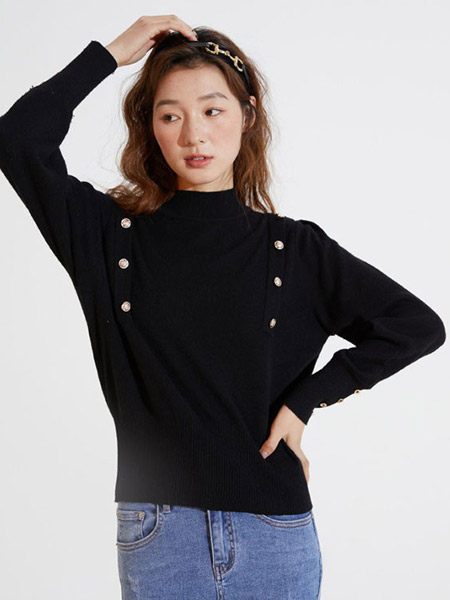 迹象女装品牌2022春夏黑色纯色韩版淑女快时尚休闲通勤风街头范百搭慵懒风学院港风针织衫